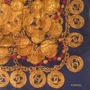 Vintage CHANEL dark blue gold medallion chains jewel silk scarf